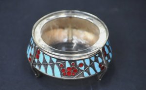 Russian Hommet (Iommet) Enamel & EPNS Salt Pot with glass insert 7cm D