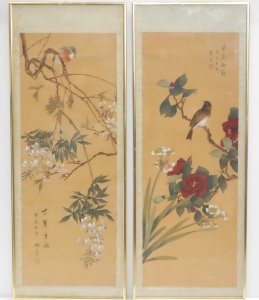 Lot 003 - Pair framed Chinese Watercolours featuring Birds in Branches - charact
