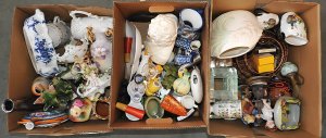 Lot 022 - 3 x Boxes Mixed inc Victorian China - Blushware vases, Novelty salt &a