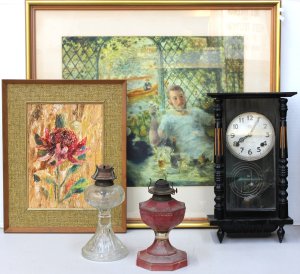 Lot 031 - Lot of Assorted Items incl Jean Geffreys Painting, 2 x Glass Oil Lamp