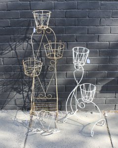 Lot 033 - 2 x Vintage White Metal Outdoor Plant Stands & Pair of White Metal