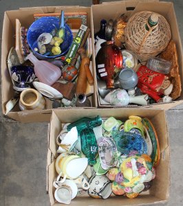 Lot 045 - 3 x Boxes Mixed Inc English China, Vases, Pottery, Teapots, Glass, Too