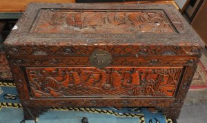 Lot 068 - Large Carved Camphor Wood Chest w Carved Boat Decoration - Approx 102c
