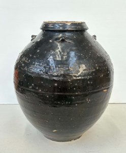 Lot 113 - Vintage Chinese pottery Martaban storage jar, chips to neck, 2 holes