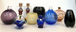 Lot 122 - Group lot Coloured Glass inc Art Glass Pair Candlesticks with Gilded &