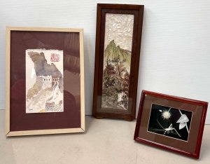 Lot 141 - 3 x small Oriental pictures incl Chinese scene collage using tiny shel