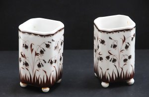Lot 183 - Pair vintage c1900 vases - Unusual squared Forms w Hpainted Sepia tone