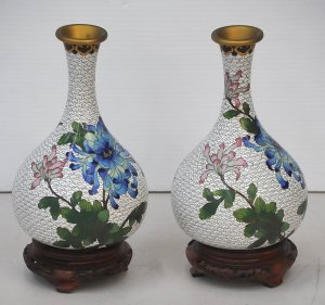 Lot 190 - Pair Vintage Chinese Cloisonne Vases w Blue Chrysanthemum Floral desig