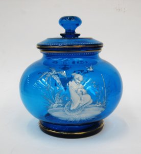 Lot 193 - Victorian Blue Mary Gregory Glass Lidded Jar-Unusual Japanese inspired