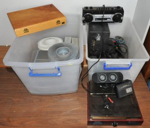 Lot 014 - 2 x Boxes of Audio Visual Items incl Logitech Speakers, Slide Projecto