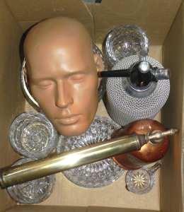 Lot 025 - Box lot mixed inc Crystal, Copper & Brass Fly sprayer, Soda Syphon