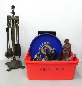 Lot 026 - Box Lot of Assorted Vintage Items inc Brass Fireplace Tools Set Orie