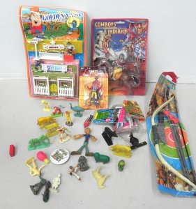 Lot 036 - Group of vintage unopened and loose toys inc cowboys & Indians, Po