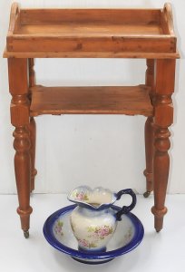 Lot 038 - Tall pine cottage style stand (95cm H) + Victorian style wash jug and