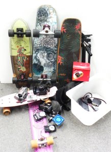 Lot 044 - Group of photography gear + skateboards inc 35mm cameras (Olympus Trip