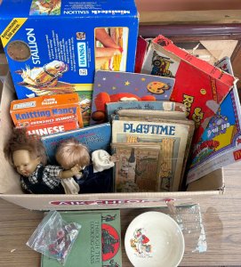 Lot 048 - Box lot vintage toys, games, childrens books from 1880, dolls etc