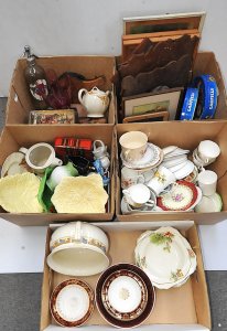 Lot 055 - Large mixed vintage lot of 5 boxes inc pictures & frames Tarax sod