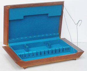 Lot 063 - Stylish shaped 1970s Retro Teak Cutlery Box - Blue Velvet lining