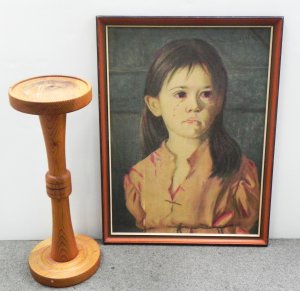Lot 069 - Vintage turned pine pedestal and a framed overpainted kitsch print (69