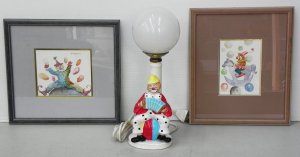 Lot 078 - 3 pces Clown themed inc 2 x Signed Framed Water Colours & 16cm x 1