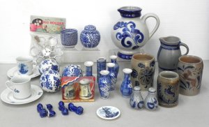 Lot 081 - Group lot of Ceramics inc German Stoneware Tankards with embossed Dear