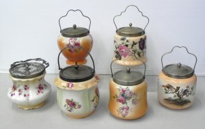 Lot 082 - 6 x Victorian Blushware Biscuit Barrels inc Birds on a branch & Fl