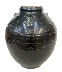 Lot 102 - Vintage Chinese pottery Martaban storage jar, chips to neck, 2 holes