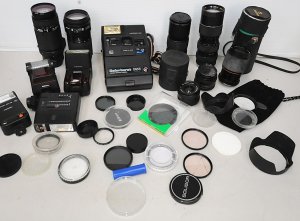 Lot 103 - Group of vintage camera equipment inc Kodak Colorburst 350 instant cam