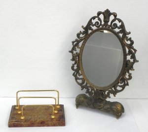 Lot 113 - 2 pces Italian inc Brass Ornate oval Mirror 42cm H & Marble base L