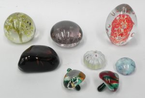 Lot 125 - Group lot of Paperweights inc Egg shaped clear with Red splatters &amp