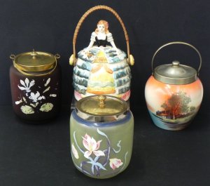 Lot 127 - 4 x Vintage Biscuits Barrels inc Japanese Figural Crinoline Lady with