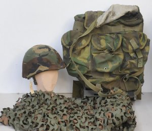 Lot 130 - 3 x Military Items incl US M1 Helmet w Woodland Camo Cover, Military A