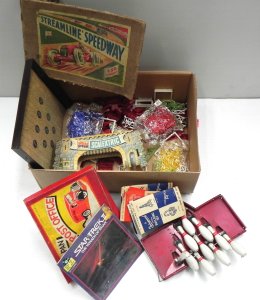 Lot 133 - Box of vintage toys & related ephemera inc boxed Peter Pan Post Of