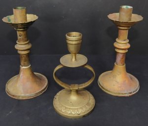 Lot 144 - 3 x Vintage brass candlesticks, pair (18cm H) + one other