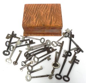 Lot 146 - Group lot - Fiddleback Blackwood lidded box & Contents - keys inc