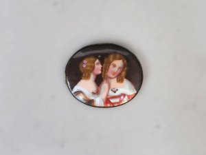 Lot 155 - Victorian hand painted oval ceramic panel of 2 women with af metal mou