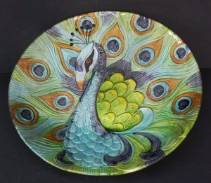 Lot 177 - Large Glass Round Charger with embossed peacock 41cm D