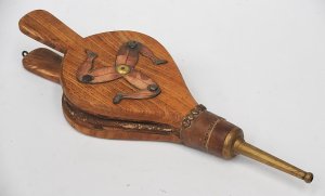 Lot 183 - Arts and Crafts Oak Bellows with applied Copper Isle Of Man Emblem, ap