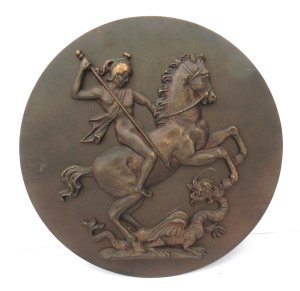 Lot 185 - Vintage Bronze Circular Wall Plaque with raised image of St George sla