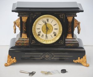 Lot 196 - Vintage Welch (USA) black lacquered and gilt mantle clock c1900 with d