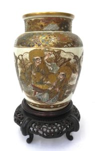 Lot 197 - Vintage Japanese Satsuma Vase with images of gentlemen in a garden wit