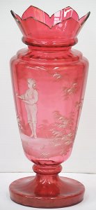 Lot 199 - Large Victorian Mary Gregory Ruby Glass Vase with image of a boy with