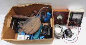 Box lot - Tools & Gauges - old Volt & Amp Meters, heavy Metal Hook &
