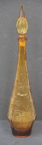 Mid Century Italian Empoli Amber Glass Genie Bottle - Grape & Vine pattern 5