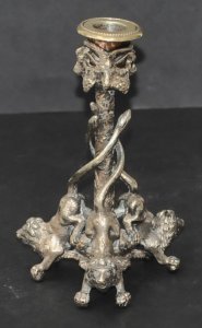 Vintage heavy Cast Metal silver plated Candlestick featuring 3 Lions to base w T