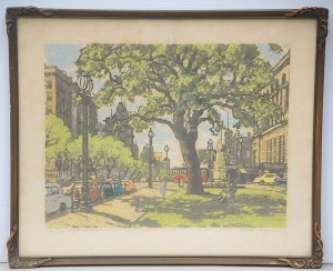 Will Eager (1909 - ) Gilt framed Colour Screenprint - Spring Street, Melbourne -