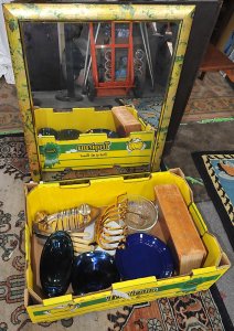 Lot 010 - Group lot - Box mixed items & gilt Framed Mirror - French 1970s Bl