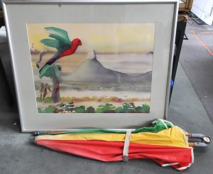 Lot 018 - Vintage Beach Shelta Umbrella & Large Framed Silk Screen Painting