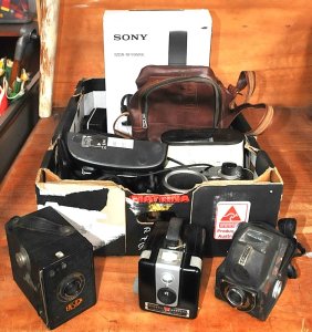 Lot 019 - Box Lot of Vintage Cameras, Camera Accessories & Assorted Electron