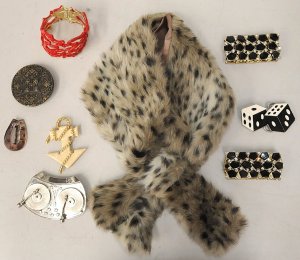 Lot 029 - Grp incl Jendi faux fur collar scarf, bangles, novelty buckles, twin t